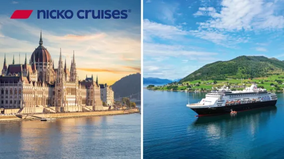 2-teiliges Bild: links MS DOURO QUEEN von nicko cruises auf dem portugiesischen Douro vor spektakulären Weinbergen, rechts der Eiffelturm vor der französischen Seine.