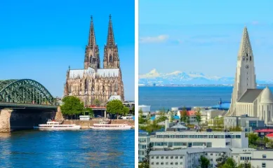 Angebote der Woche von nicko cruises 2-teiliges Bild: links die Ostseeküste bei Sonnenuntergang, rechts die metallene Weltkugel im Sonnenuntergang am Nordkap.