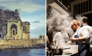 2-teiliges Bild: links das Casino von Konstanza am schwarzen Meer, rechts Chefköche in der Bordküche von nicko cruises.