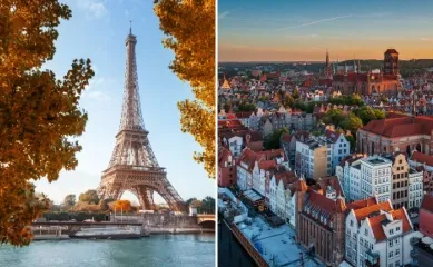 Angebote der Woche von nicko cruises 2-teiliges Bild: links das Casino von Konstanza am schwarzen Meer, rechts Chefköche in der Bordküche von nicko cruises.