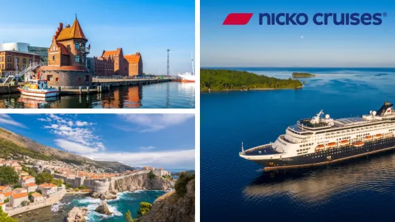 3-teiliges Bild: links oben der historische Hafen von Stralsund, links unten eine Panorama-Aufnahme von Dubrovnik, rechts die VASCO DA GAMA in der Karibik neben einer kleinen naturbelassenen Insel.