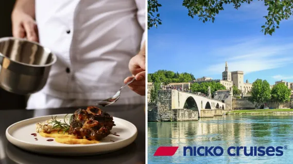 Angebote der Woche von nicko cruises 2-teiliges Bild: links Johann Lafer, der auf einem nicko cruises Schiff ein Gourmet-Menü zaubert, rechts die Stadt Avignon in Südfrankreich an der Rhone.