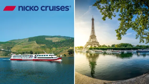 2-teiliges Bild: links MS DOURO QUEEN von nicko cruises auf dem portugiesischen Douro vor spektakulären Weinbergen, rechts der Eiffelturm vor der französischen Seine.