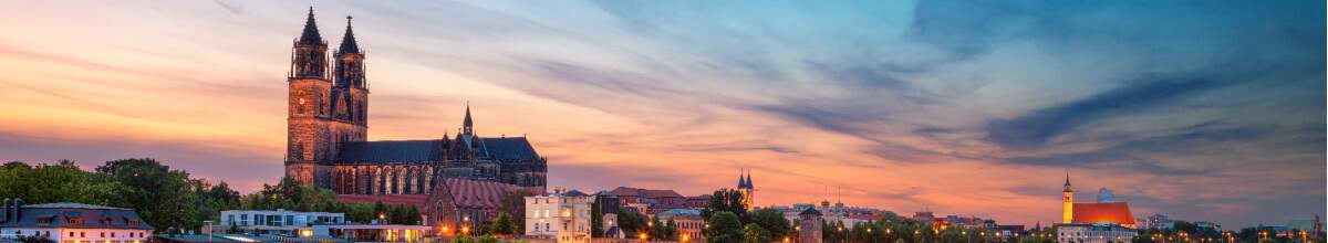 Zu sehen ist ein wunderbares Panorama der Stadt Magdeburg.