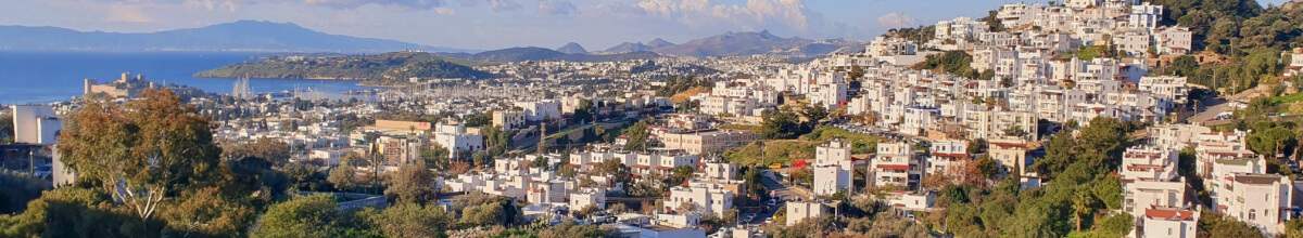Blick über Bodrum: weiße Häuser stehen auf dem Gebirge am Meer.