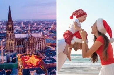 Der Weihnachtsmarkt am Kölner Dom und eine Familie mit Weihnachtsmützen am Strand.