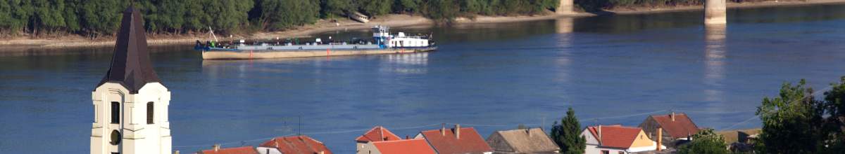 Auf der Donau bei Batina fährt ein Kreuzfahrtschiff. Es fährt hinter einer Kirche und den Häusern der Stadt entlang.
