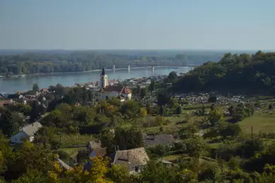 Man sieht die Dächer der Stadt gepaart mit der Natur um das Donau-Ufer in Batina.
