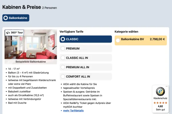 Eine AIDA Kreuzfahrt bei Ahoi-Schiff.de buchen Erste Kreuzfahrt buchen: Darstellung von AIDA Kabinen und Tarifen auf einer Buchungsseite von Ahoi-Schiff.de