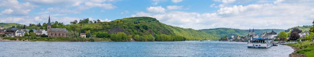 Bei strahlendem Sonnenschein blickt man auf das Rheinpanorama.