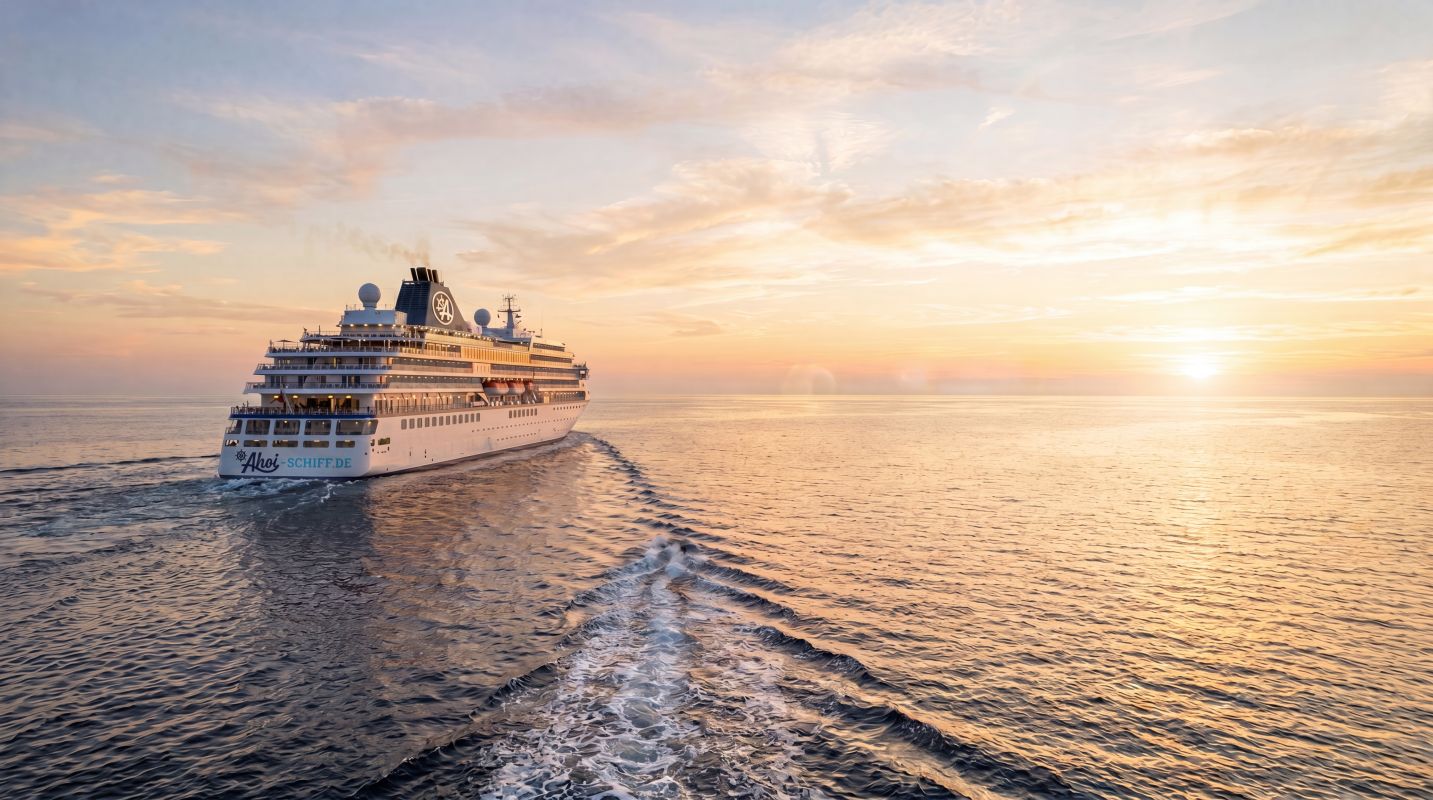 Ein großes Kreuzfahrtschiff auf dem ruhigen Meer bei Sonnenuntergang. Im Vordergrund das Suchformular von Ahoi-Schiff.de mit der Überschrift: Ihre Traum-Kreuzfahrt beginnt hier.