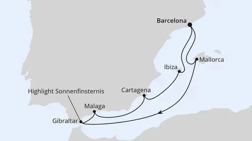 Route Sonnenfinsternis im Mittelmeer ab Barcelona