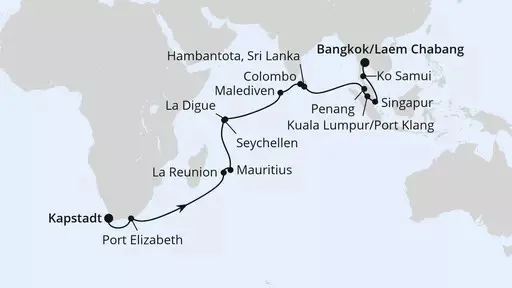 Route Von Kapstadt über Mauritius nach Bangkok
