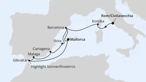 Route Sonnenfinsternis im Mittelmeer ab Civitavecchia