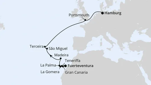 Route Von Fuerteventura über die Azoren nach Hamburg