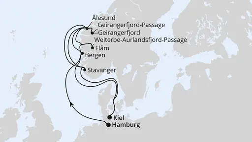 Route Große Norwegen-Reise von Hamburg nach Kiel