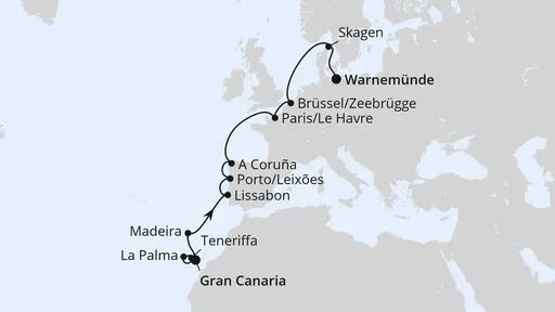 Route Von Gran Canaria über Portugal nach Warnemünde
