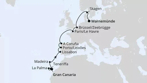 Route Von Gran Canaria über Portugal nach Warnemünde