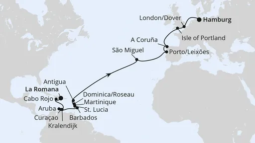 Route Von der Dom. Republik über die Azoren nach Hamburg