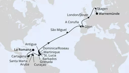 Route Von der Dominikanischen Republik nach Warnemünde