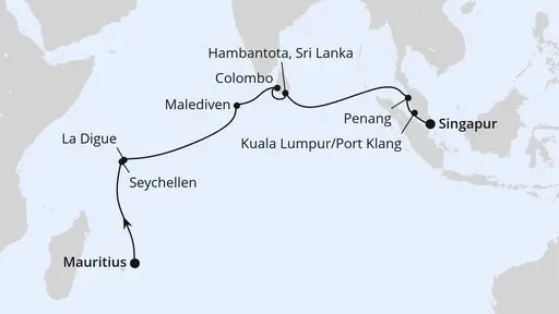 Route Von Mauritius über die Seychellen nach Singapur
