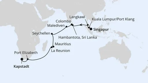 Route Von Singapur über Mauritius nach Kapstadt