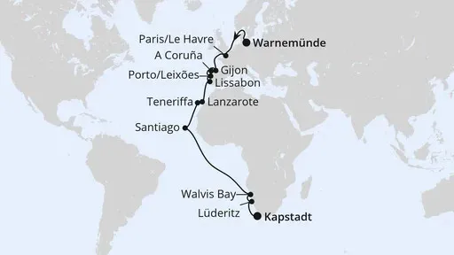 Route Von Warnemünde über Namibia nach Kapstadt