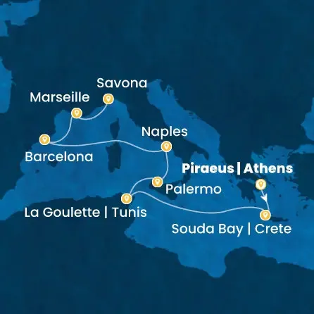Route 9 Nächte Griechenland, Tunesien, Italien, Spanien, Frankreich
