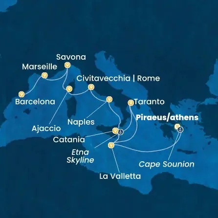 Route 13 Nächte - Griechenland,  Malta,  Italien,  Korsika (Frankreich),  Frankreich,  Spanien