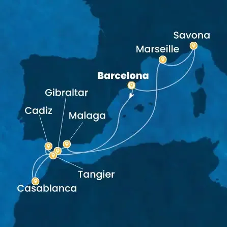 Route 10 Nächte Spanien, Gibraltar (Großbritannien), Marokko, Frankreich, Italien