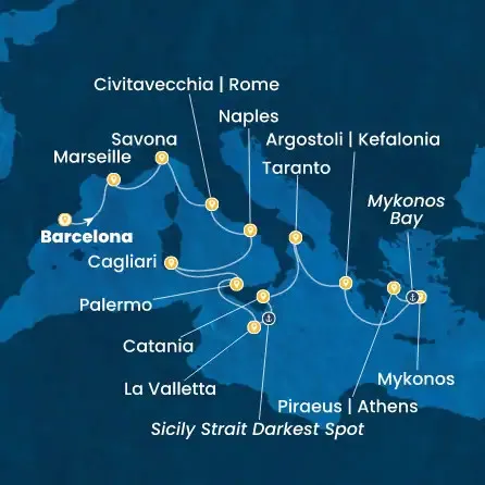 Route 12 Nächte Spanien, Frankreich, Italien, Malta, Griechenland