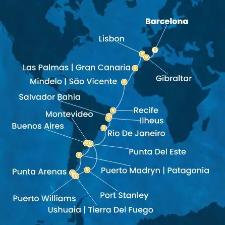 Route 34 Nächte Spanien, Gibraltar (Großbritannien), Portugal, Kanaren (Spanien), Kapverdische Inseln, Brasilien, Argentinien, Uruguay, Chile