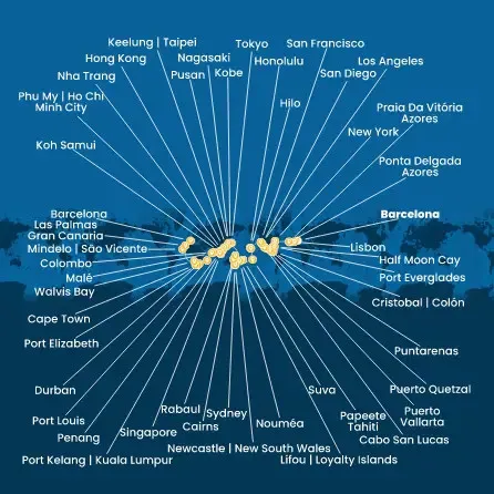 Route 134 Nächte Spanien, Portugal, Azoren, USA, Florida, Mexiko, USA, Hawaii, Polynesien, Fidschi-Inseln, Neukaledonien, Australien, Japan
