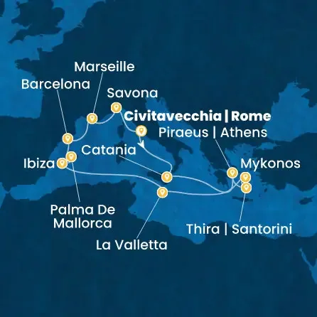 Route 14 Nächte - Italien,  Griechenland,  Malta,  Balearen (Spanien),  Spanien,  Frankreich