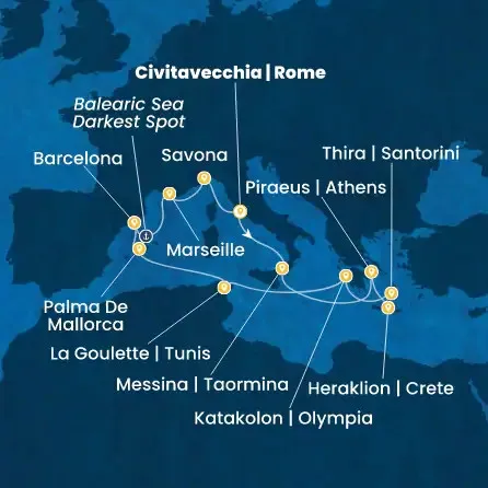 Route 14 Nächte - Italien,  Griechenland,  Tunesien,  Balearen (Spanien),  Spanien,  Frankreich