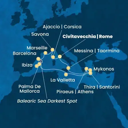 Route 15 Nächte - Italien,  Korsika (Frankreich),  Frankreich,  Spanien,  Balearen (Spanien),  Malta,  Griechenland