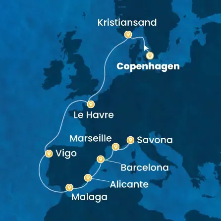 Route 11 Nächte - Dänemark,  Norwegen,  Frankreich,  Spanien,  Italien