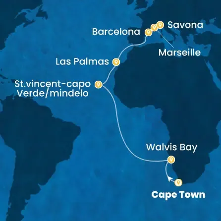 Route 19 Nächte - Südafrikas,  Namibia,  Kapverdische Inseln,  Kanaren (Spanien),  Spanien,  Frankreich,  Italien