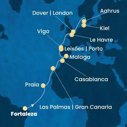 Route 20 Nächte Brasilien, Kanaren (Spanien), Marokko, Spanien, Portugal, Frankreich, Großbritannien, Dänemark, Deutschland