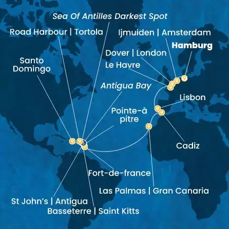 Route 22 Nächte - Deutschland,  Großbritannien,  Frankreich,  Portugal,  Spanien,  Kanaren (Spanien),  Antillen,  Jungferninseln