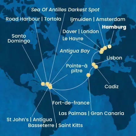 Route 24 Nächte - Deutschland,  Großbritannien,  Frankreich,  Portugal,  Spanien,  Kanaren (Spanien),  Antillen,  Jungferninseln