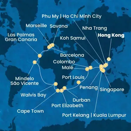 Route 48 Nächte China, Vietnam, Singapur, Malaysia, Sri Lanka, Malediven, Mauritius, Südafrikas, Namibia, Kapverdische Inseln