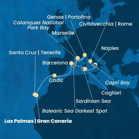 Route 13 Nächte Kanaren (Spanien), Spanien, Frankreich, Italien
