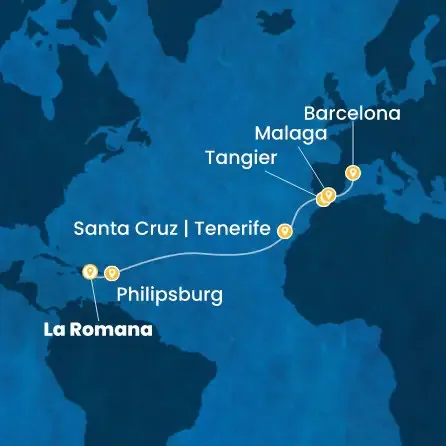 Route 14 Nächte Dominik. Republik, Antillen, Kanaren (Spanien), Marokko, Spanien