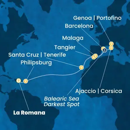 Route 16 Nächte Dominik. Republik, Antillen, Kanaren (Spanien), Marokko, Spanien, Korsika (Frankreich), Italien