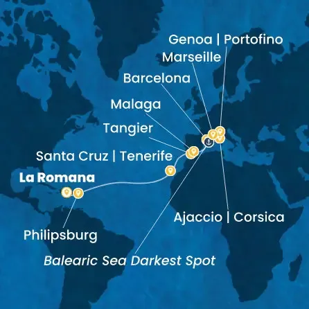 Route 17 Nächte Dominik. Republik, Antillen, Kanaren (Spanien), Marokko, Spanien, Korsika (Frankreich), Italien, Frankreich