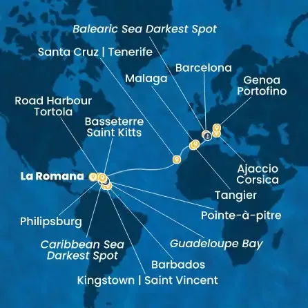 Route 23 Nächte Dominik. Republik, Antillen, Jungferninseln, Kanaren (Spanien), Marokko, Spanien, Korsika (Frankreich), Italien