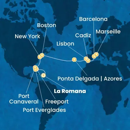 Route 23 Nächte Dominik. Republik, Bahamas, Florida, USA, Azoren, Portugal, Spanien, Frankreich