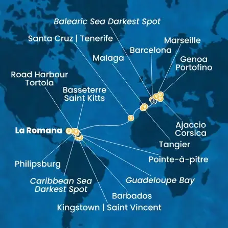 Route 24 Nächte Dominik. Republik, Antillen, Jungferninseln, Kanaren (Spanien), Marokko, Spanien, Korsika (Frankreich), Italien, Frankreich