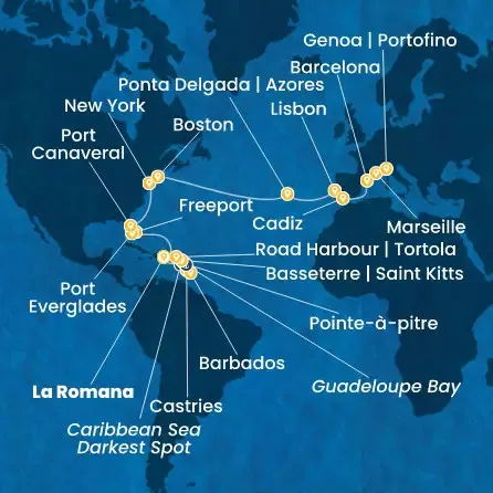 Route 31 Nächte Dominik. Republik, Antillen, Jungferninseln, Bahamas, Florida, USA, Azoren, Portugal, Spanien, Frankreich, Italien